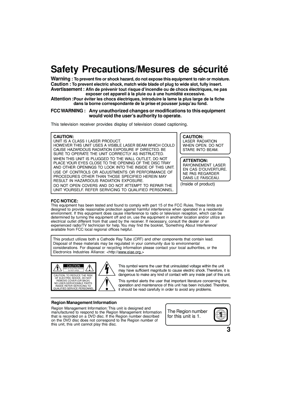 Panasonic PV DM2092 manual Region number For this unit is, Inside of product, Region Management Information 