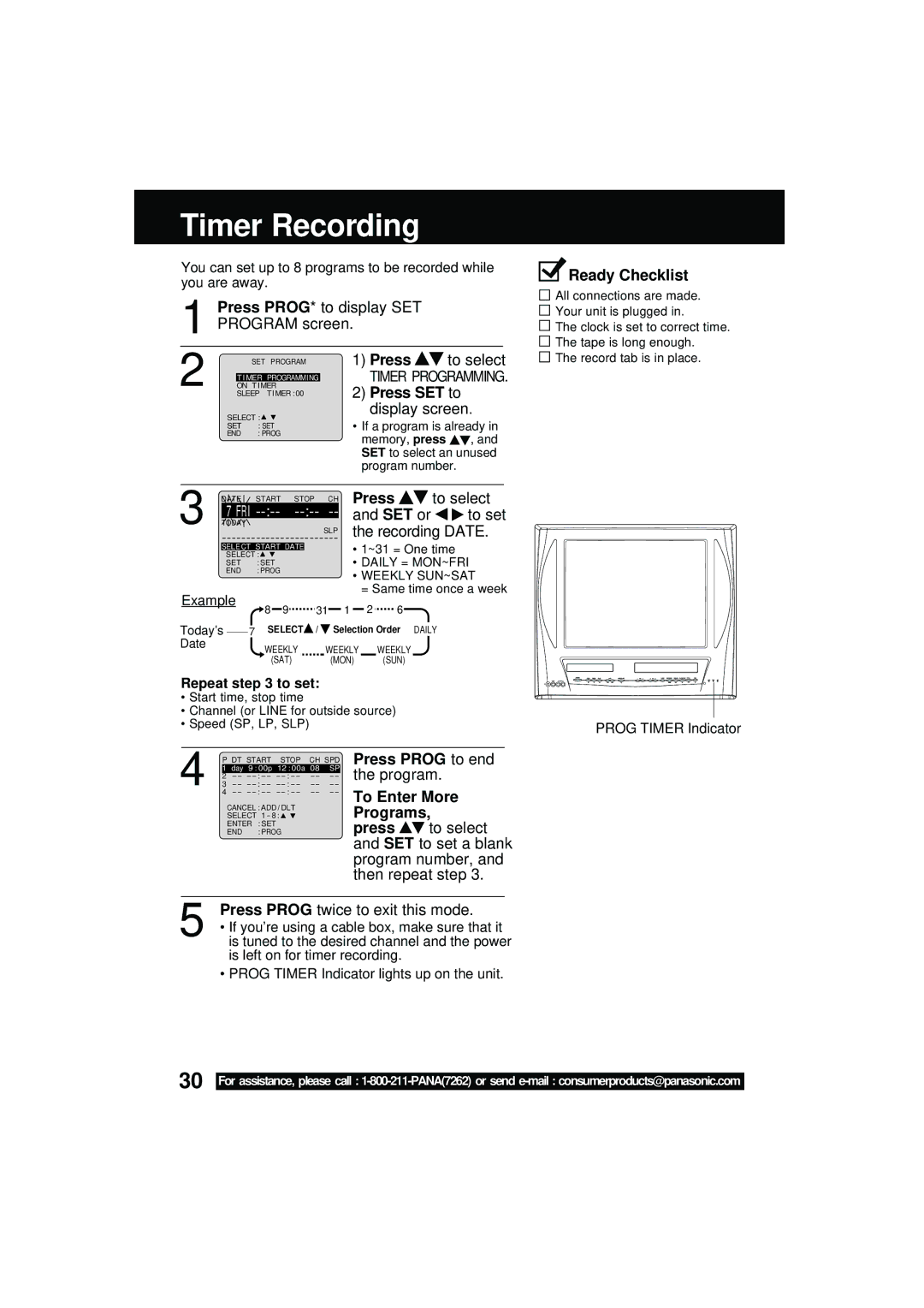 Panasonic PV DM2092 manual Timer Recording, Press SET to display screen, Press Prog to end, To Enter More Programs 