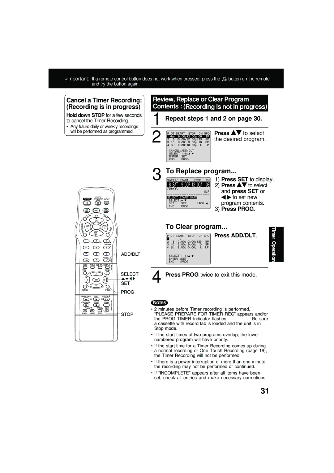 Panasonic PV DM2092 manual To Replace program, To Clear program, Repeat steps 1 and 2 on 