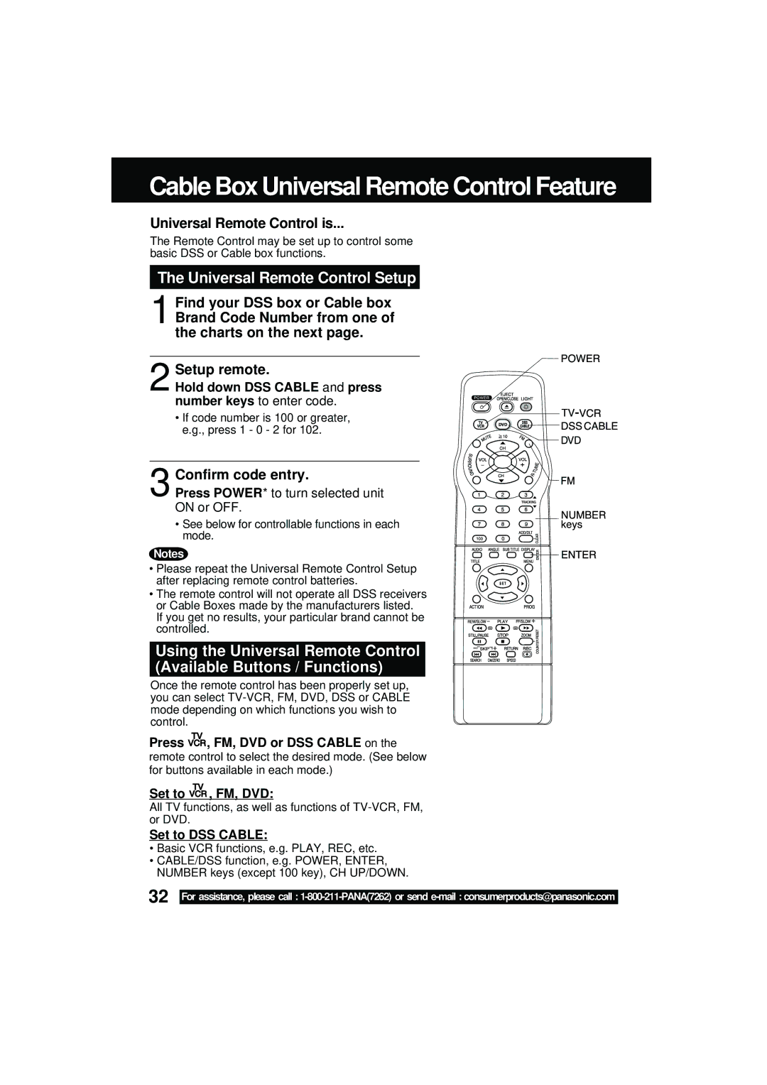 Panasonic PV DM2092 manual Universal Remote Control Setup, Universal Remote Control is, Confirm code entry 