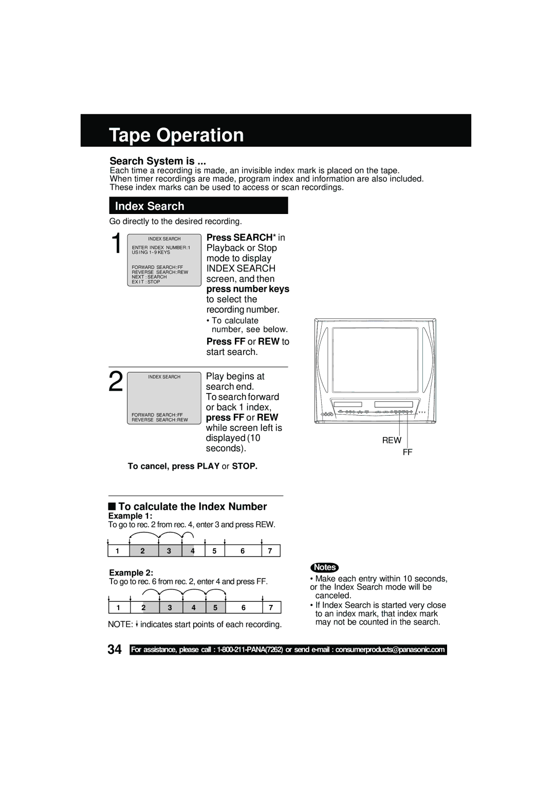 Panasonic PV DM2092 manual Tape Operation, Index Search, Search System is, To calculate the Index Number 