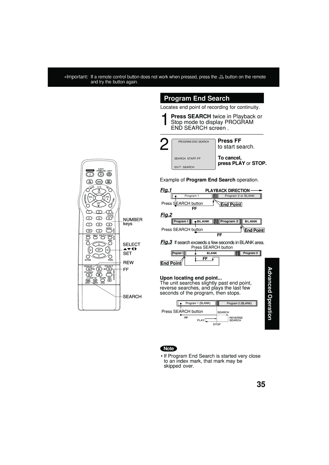 Panasonic PV DM2092 Program End Search, Press FF, To start search, To cancel Press Play or Stop, Upon locating end point 