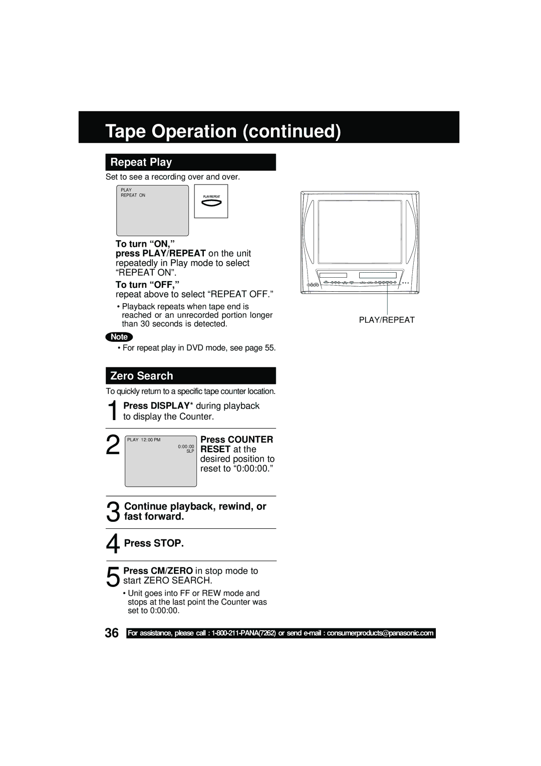 Panasonic PV DM2092 manual Repeat Play, Zero Search 