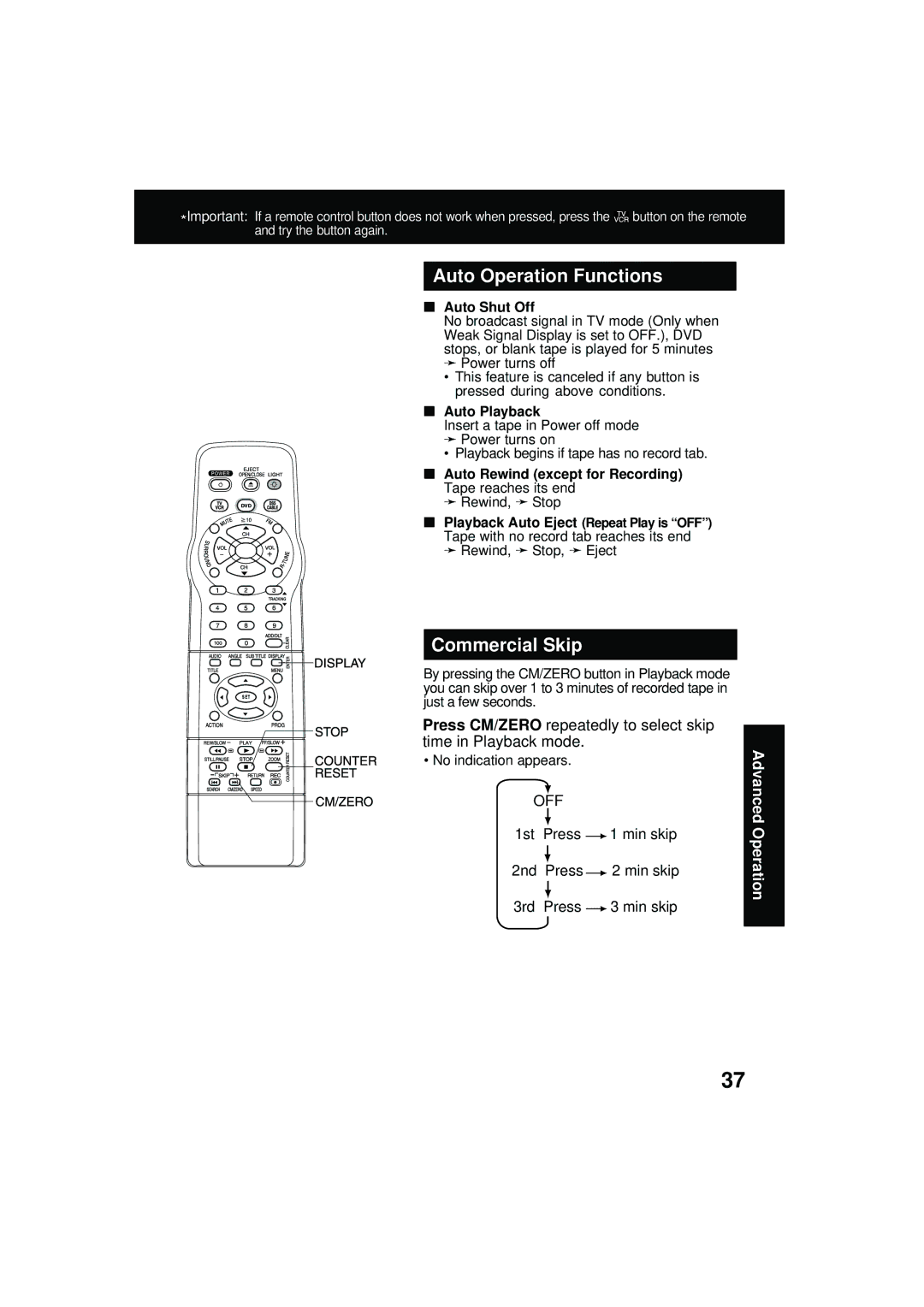 Panasonic PV DM2092 manual Auto Operation Functions, Commercial Skip, Off 