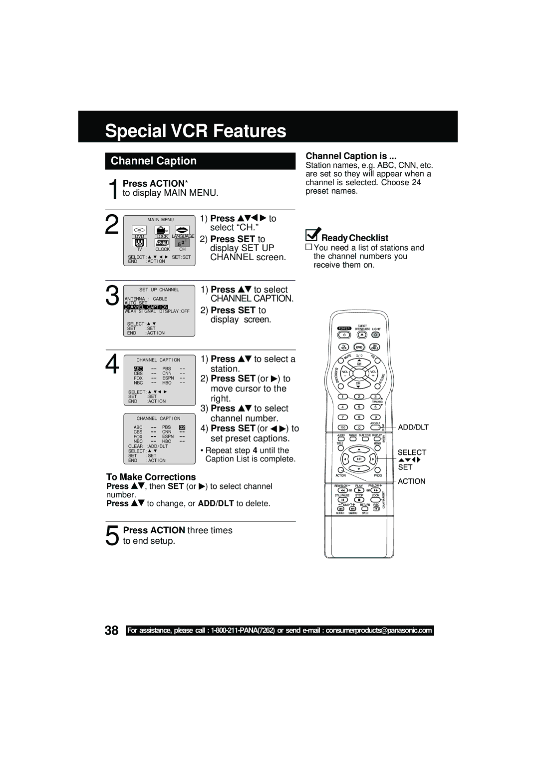 Panasonic PV DM2092 manual Special VCR Features, Channel Caption is, To Make Corrections 