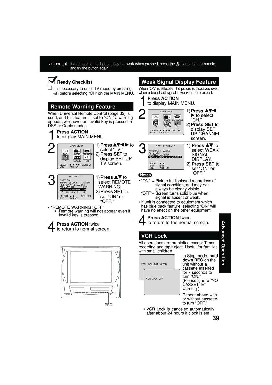 Panasonic PV DM2092 manual Remote Warning Feature, Weak Signal Display Feature, VCR Lock, 1Press Action, Press Action twice 