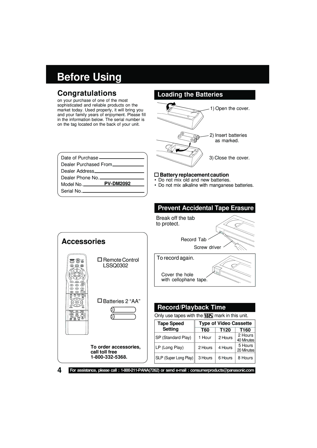 Panasonic PV DM2092 manual Before Using, Loading the Batteries, Prevent Accidental Tape Erasure, Record/Playback Time 