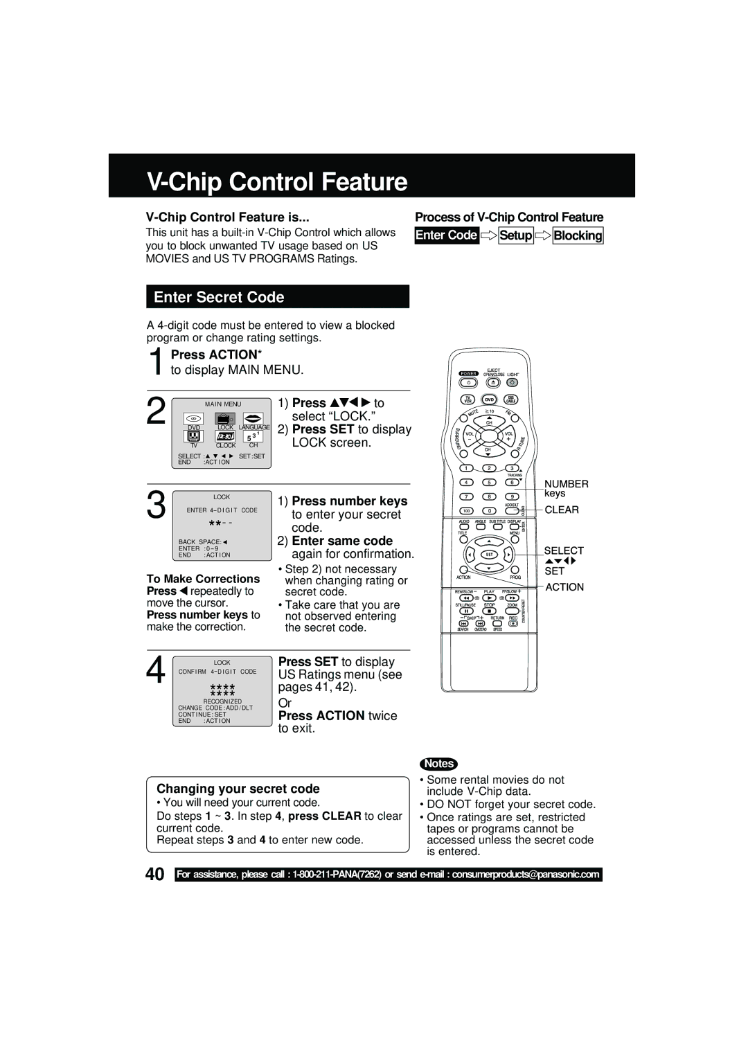 Panasonic PV DM2092 manual Chip Control Feature, Enter Secret Code 