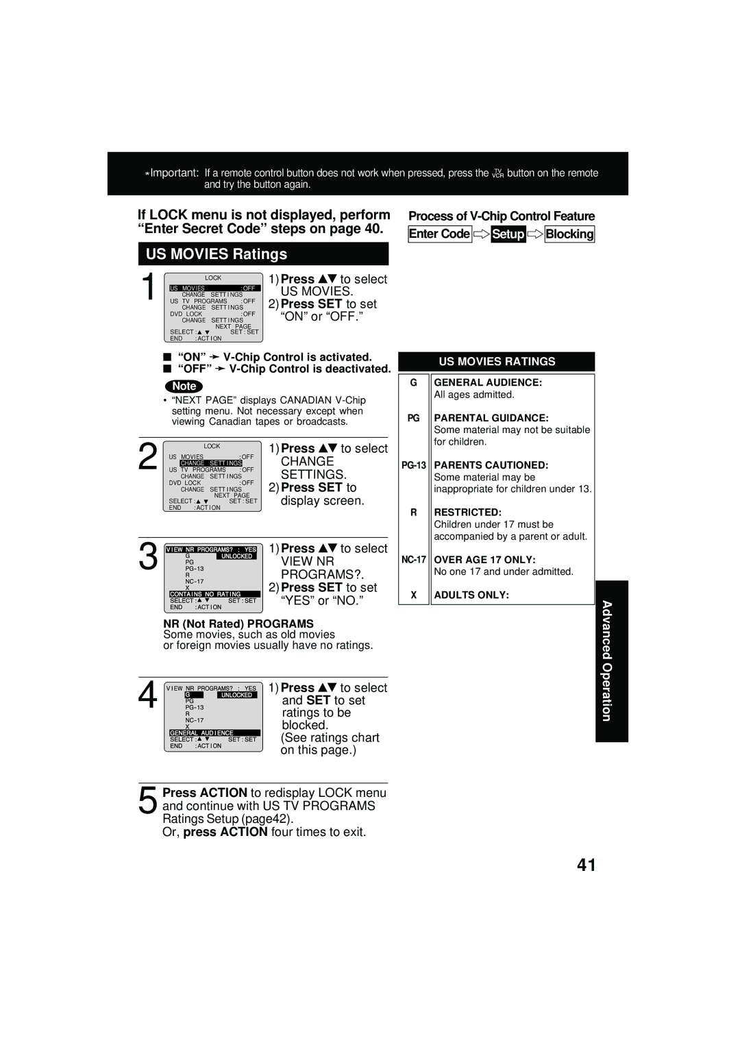 Panasonic PV DM2092 manual US Movies Ratings, Press SET to set, Advanced, Operation 