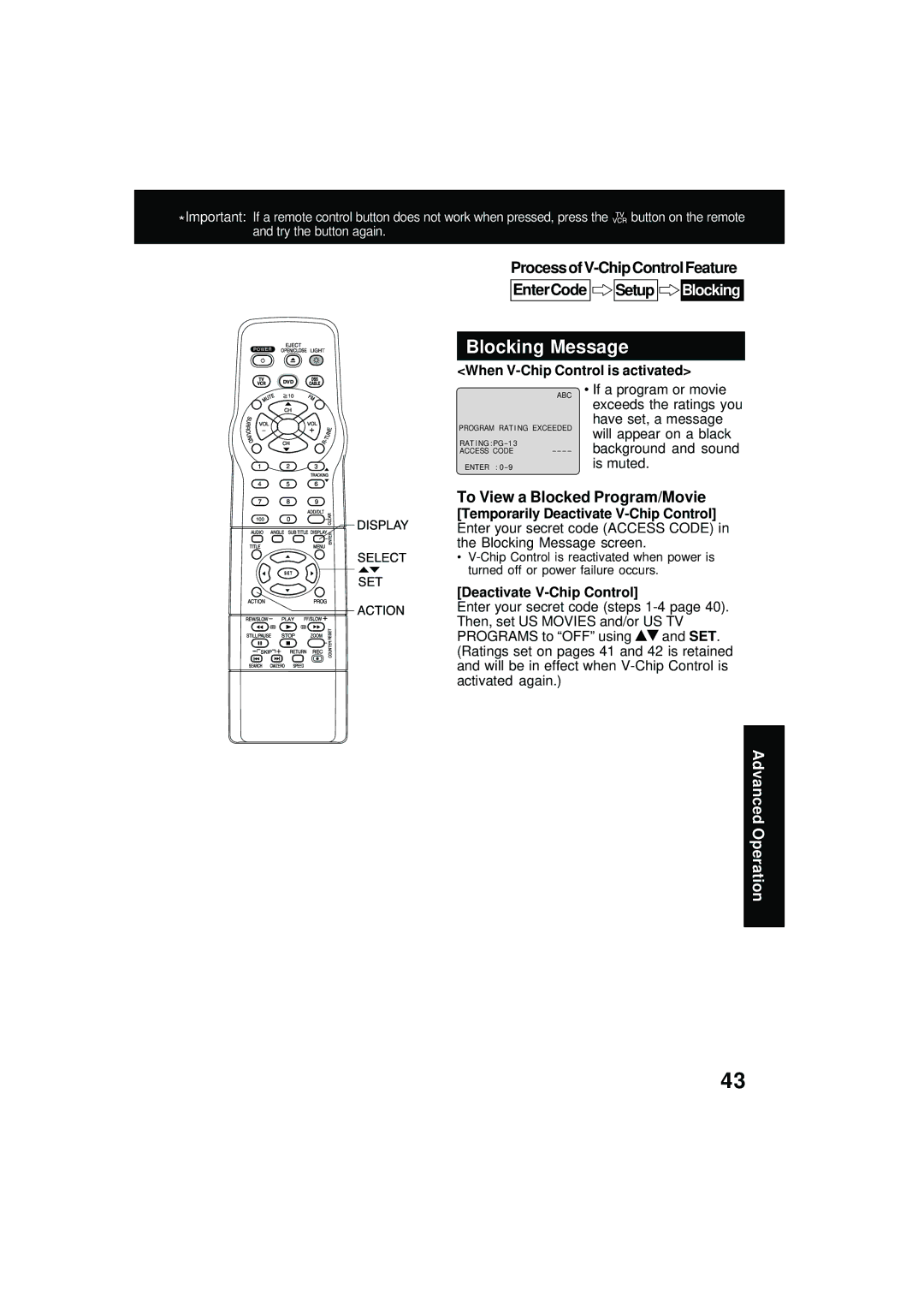 Panasonic PV DM2092 manual Blocking Message, ProcessofV-ChipControlFeature, To View a Blocked Program/Movie 