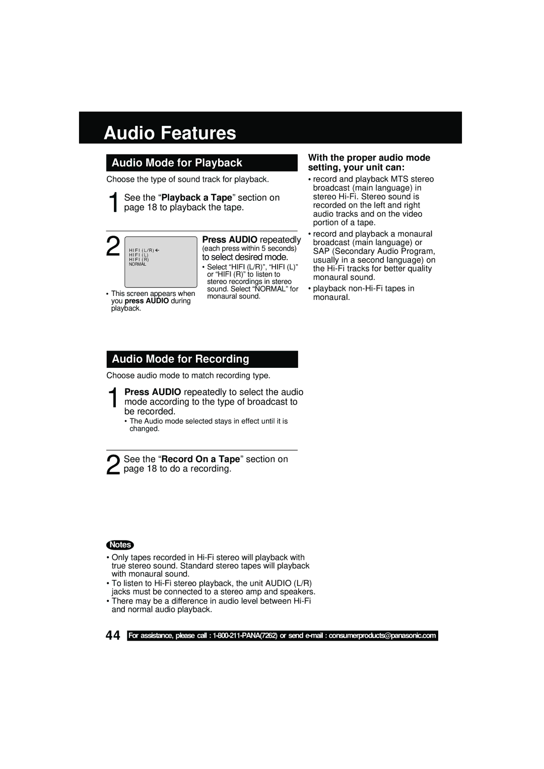 Panasonic PV DM2092 manual Audio Features, Audio Mode for Playback, Audio Mode for Recording, Press Audio repeatedly 