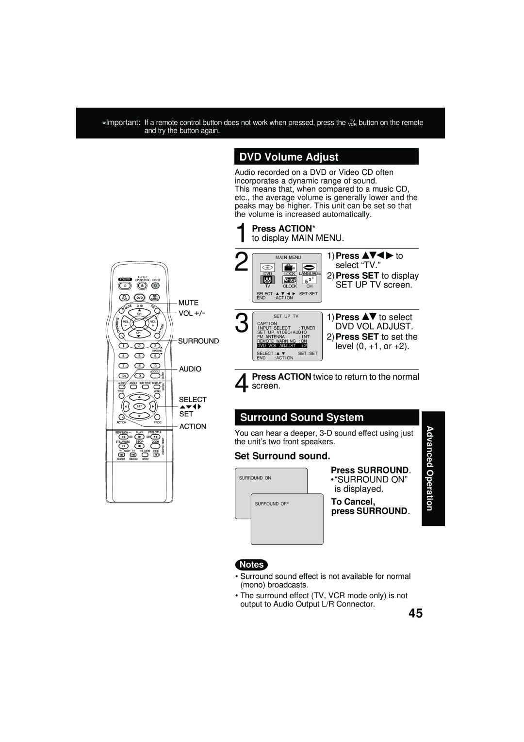 Panasonic PV DM2092 manual DVD Volume Adjust, Surround Sound System, Set Surround sound, DVD VOL Adjust 