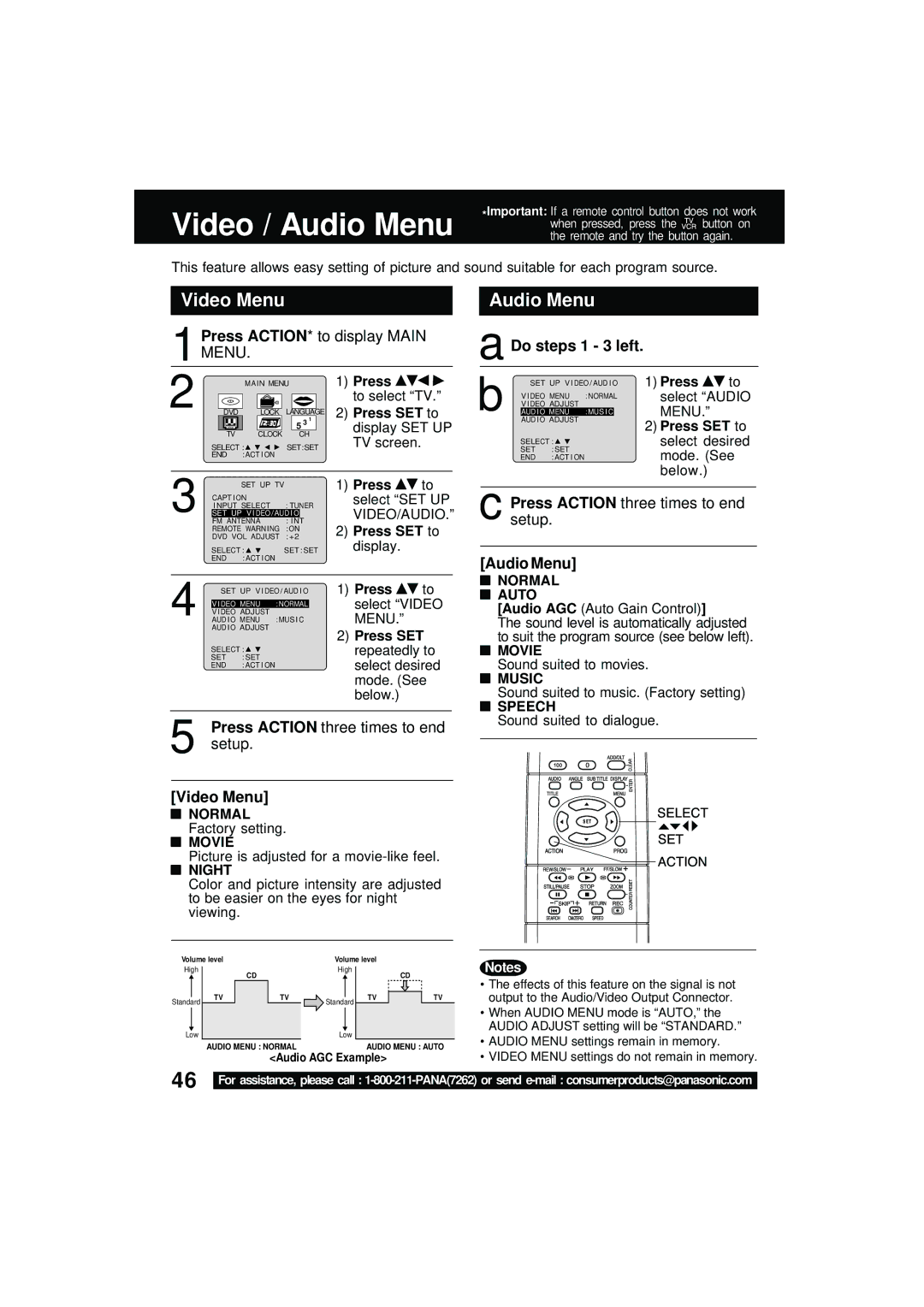 Panasonic PV DM2092 manual Video Menu, Audio Menu, Do steps 1 3 left 