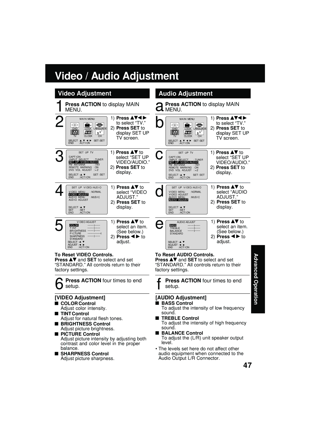 Panasonic PV DM2092 manual Video / Audio Adjustment, Video Adjustment 