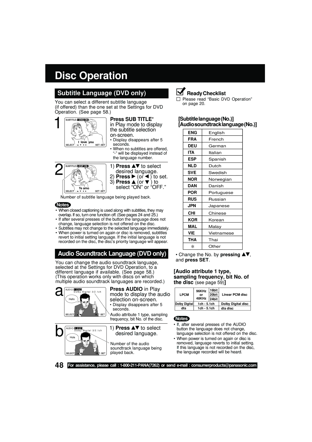 Panasonic PV DM2092 manual Disc Operation, Subtitle Language DVD only, Press SUB Title 