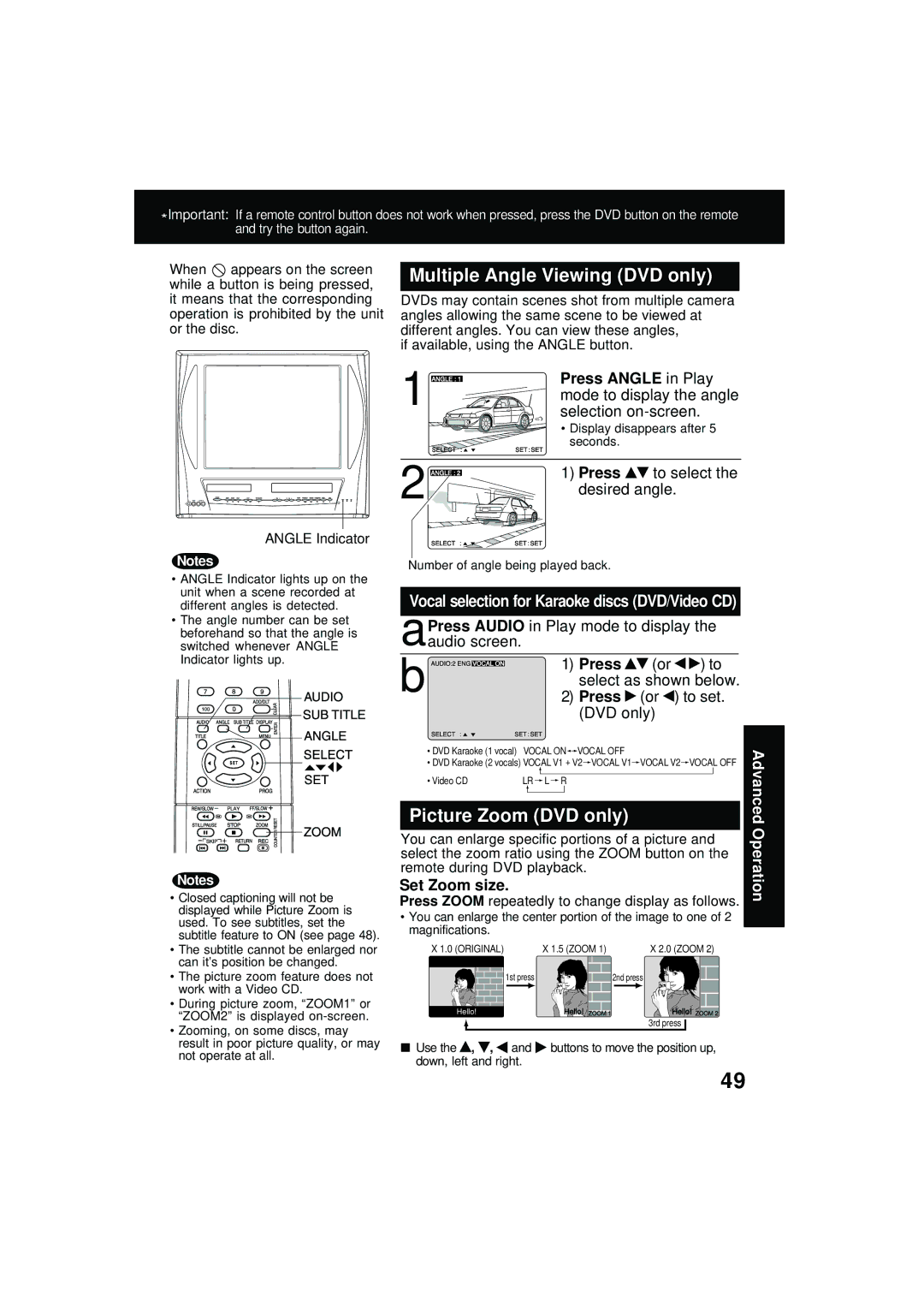 Panasonic PV DM2092 manual Multiple Angle Viewing DVD only, Picture Zoom DVD only, Press Angle in Play, Set Zoom size 