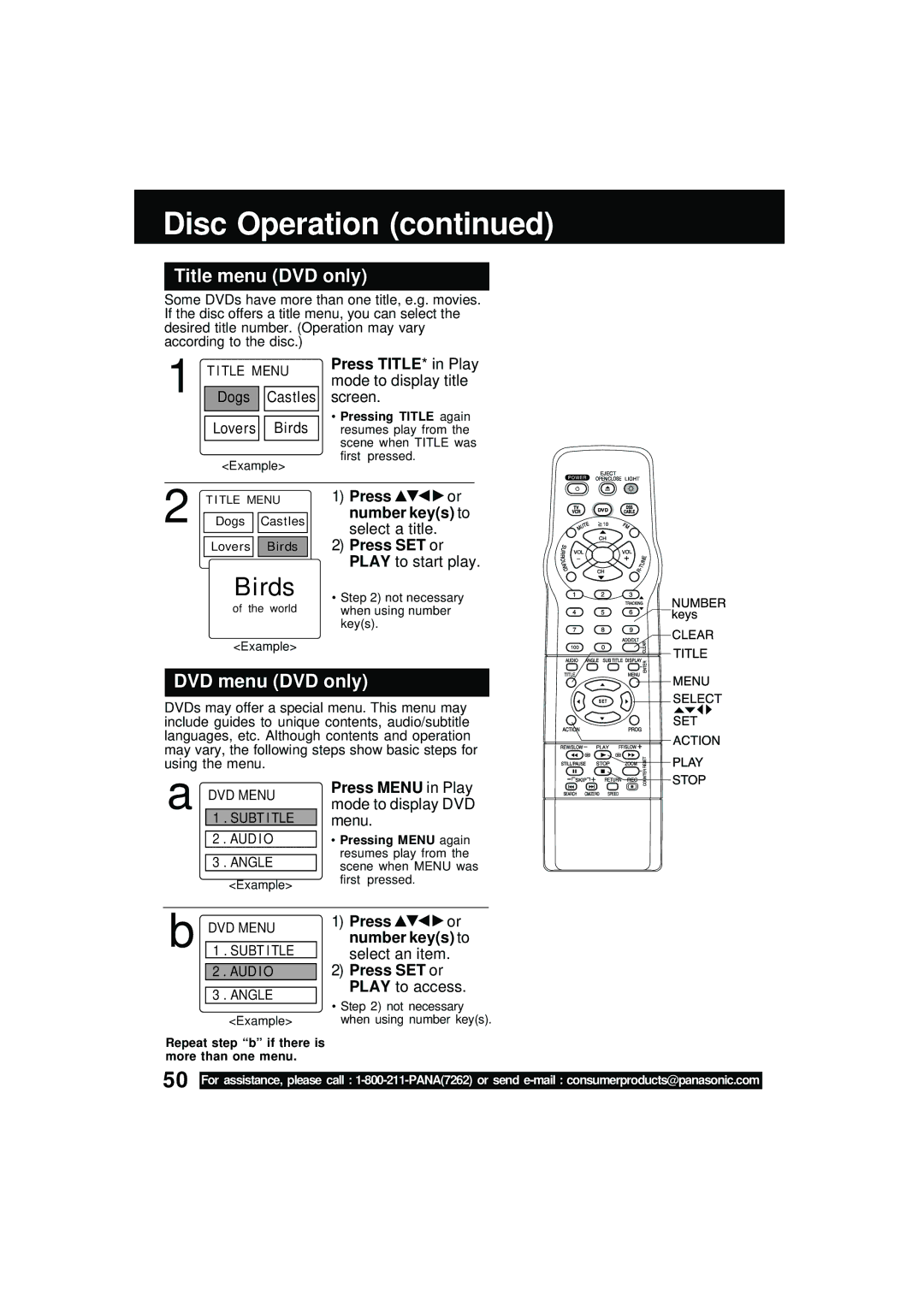 Panasonic PV DM2092 manual Title menu DVD only, DVD menu DVD only, Dogs Castles Lovers Birds 