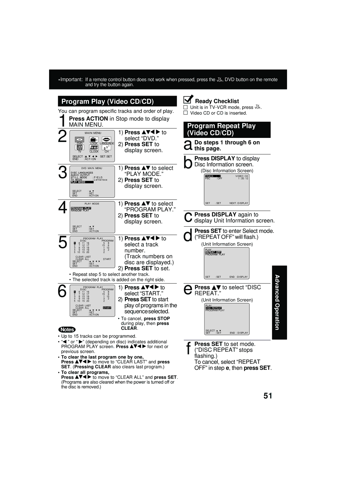 Panasonic PV DM2092 manual Program Play Video CD/CD, Program Repeat Play Video CD/CD, Do steps 1 through 6 on this 