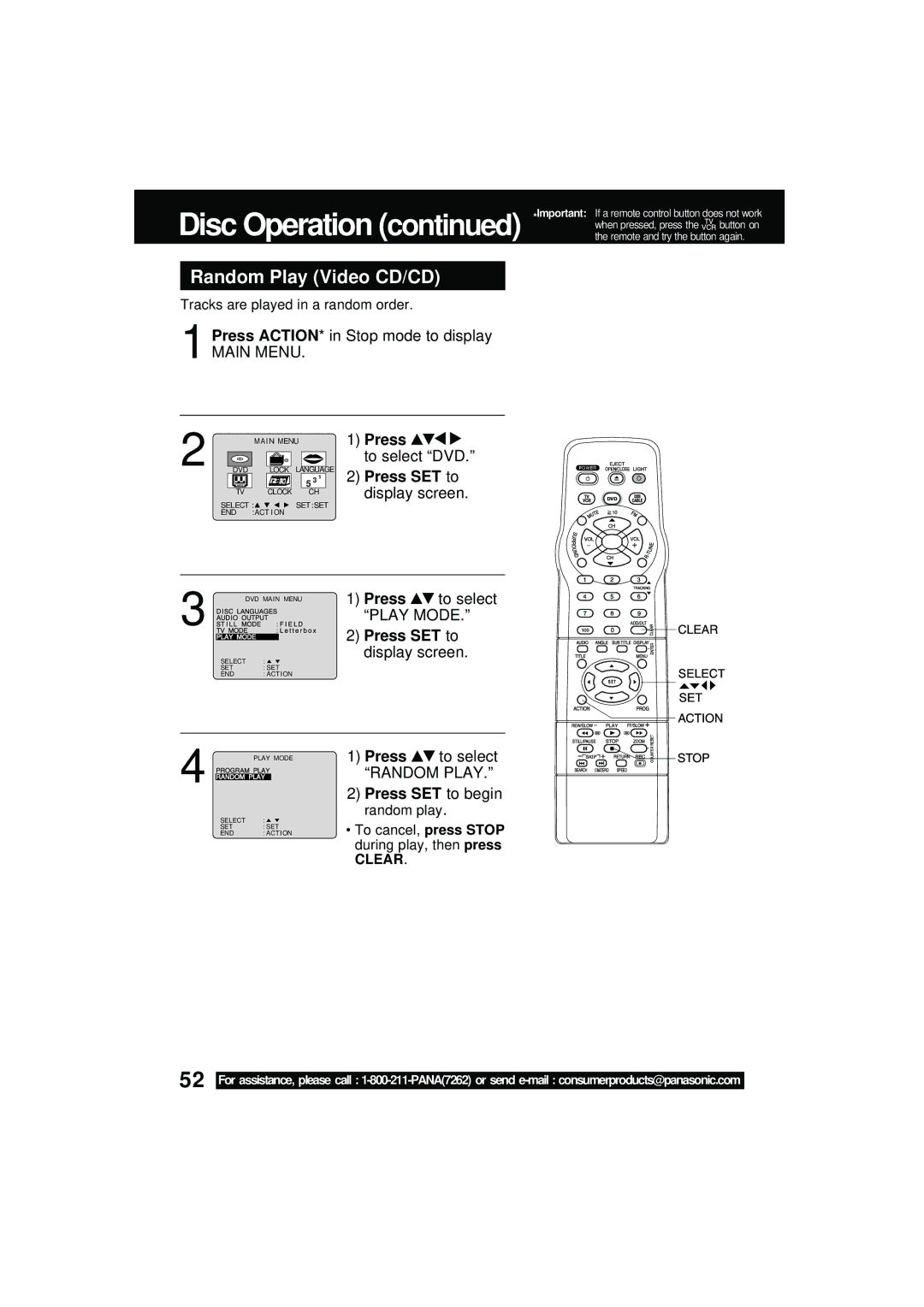 Panasonic PV DM2092 manual Random Play Video CD/CD, Press ACTION* in Stop mode to display, To select DVD 