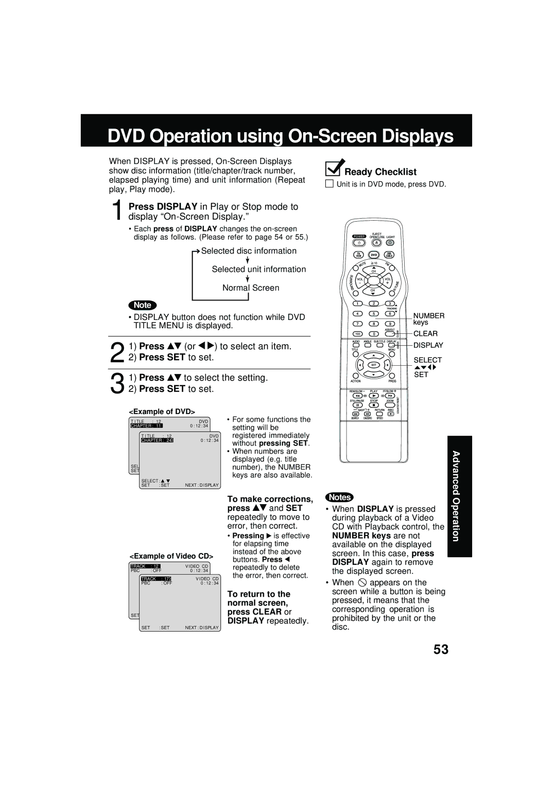 Panasonic PV DM2092 manual Press or to select an item, Press to select the setting, Press SET to set Ready Checklist 