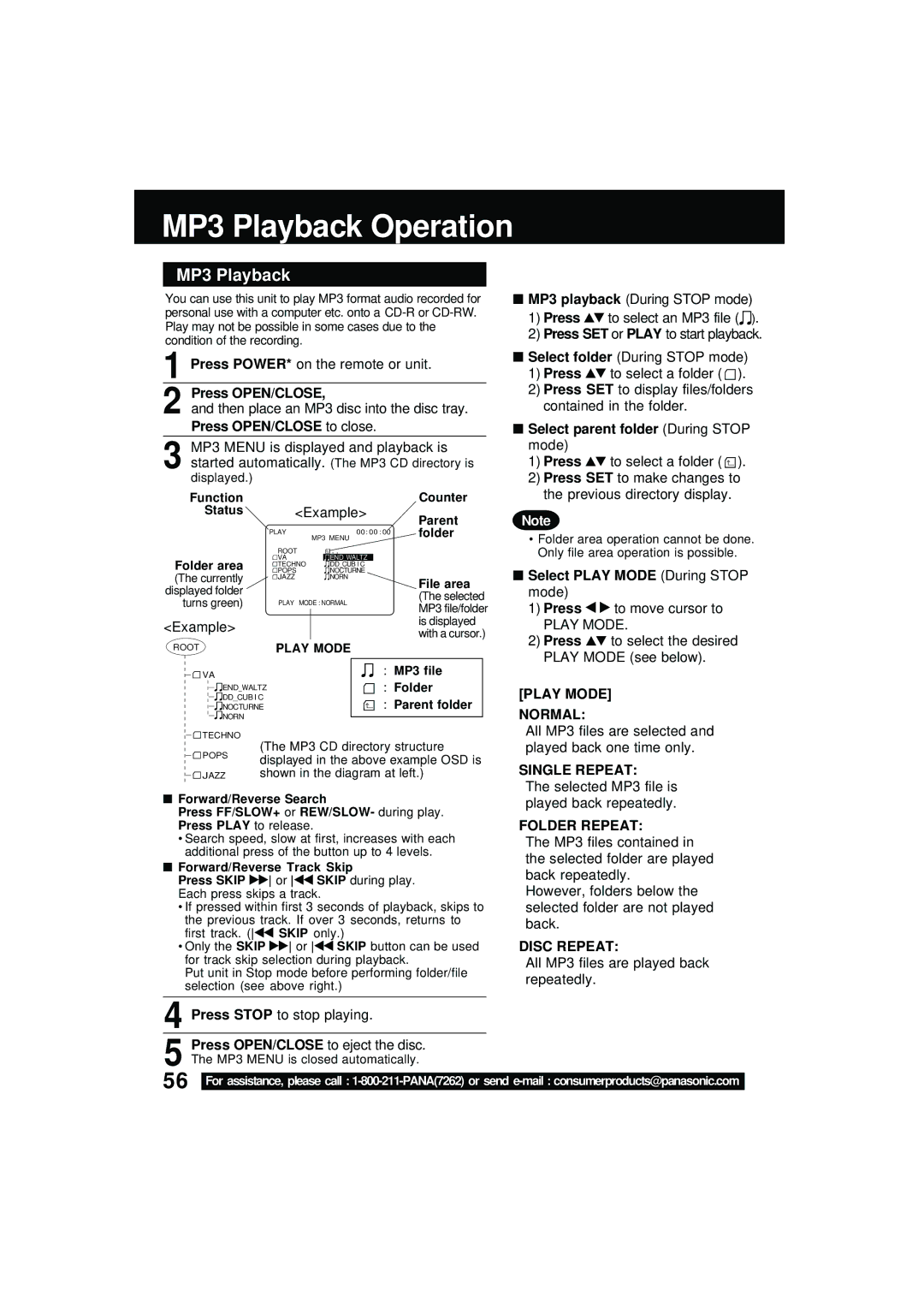 Panasonic PV DM2092 manual MP3 Playback Operation, Press OPEN/CLOSE to close, Select parent folder During Stop mode 