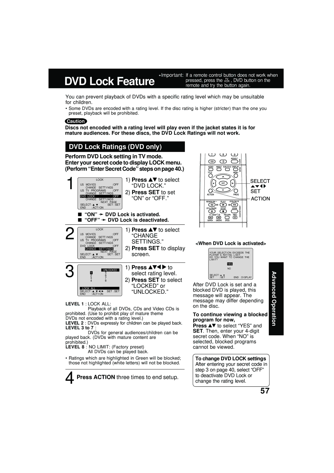 Panasonic PV DM2092 manual DVD Lock Ratings DVD only, Perform DVD Lock setting in TV mode, Unlocked 