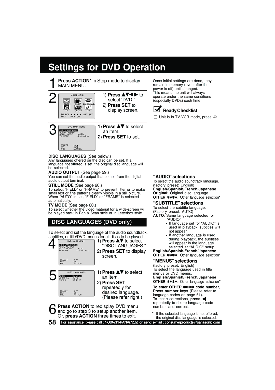 Panasonic PV DM2092 Settings for DVD Operation, Disc Languages DVD only, Press SET AUDIOselections, Subtitle selections 