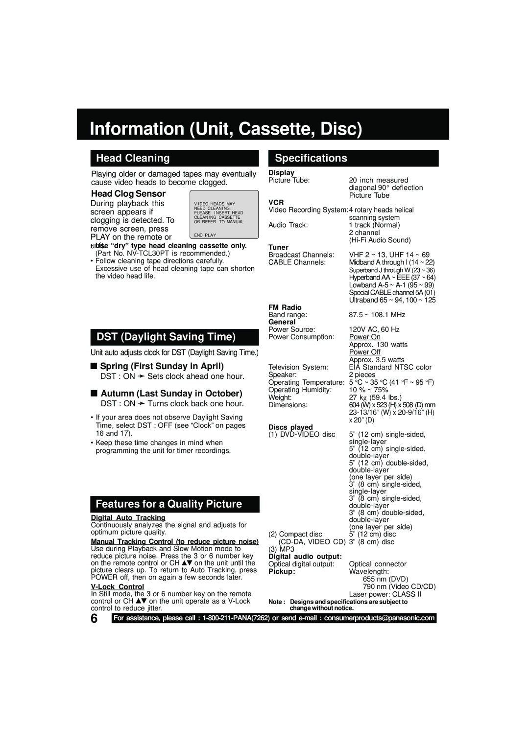 Panasonic PV DM2092 manual Information Unit, Cassette, Disc, Head Cleaning Specifications, DST Daylight Saving Time 