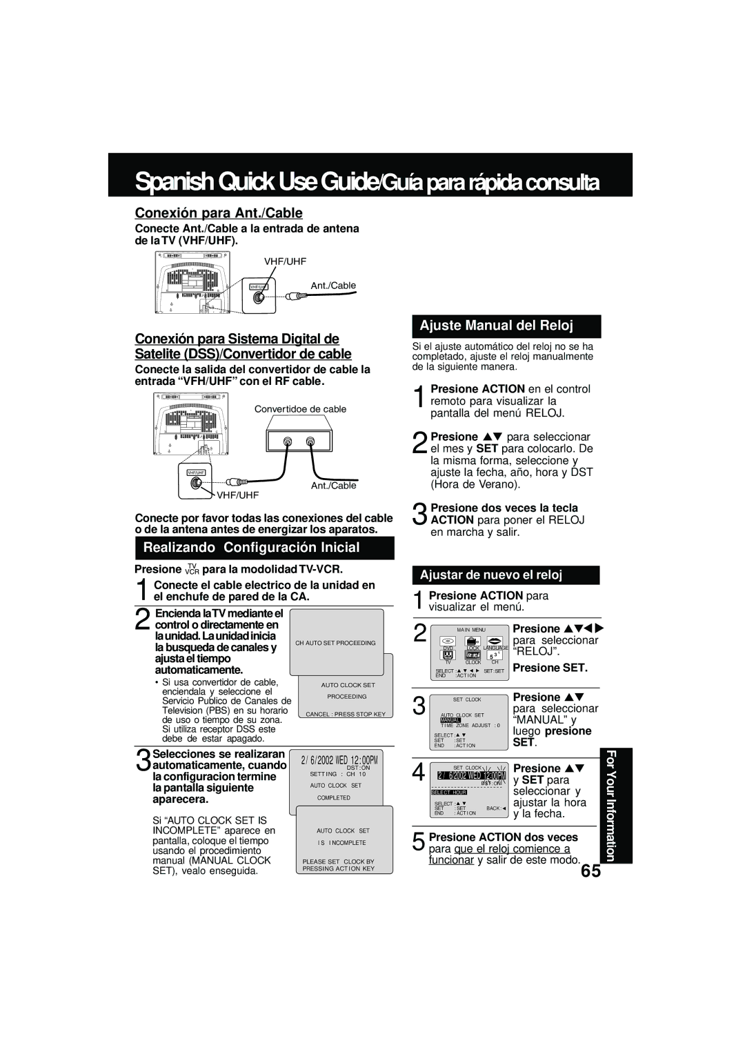 Panasonic PV DM2092 manual Conexión para Ant./Cable, Ajustar de nuevo el reloj 