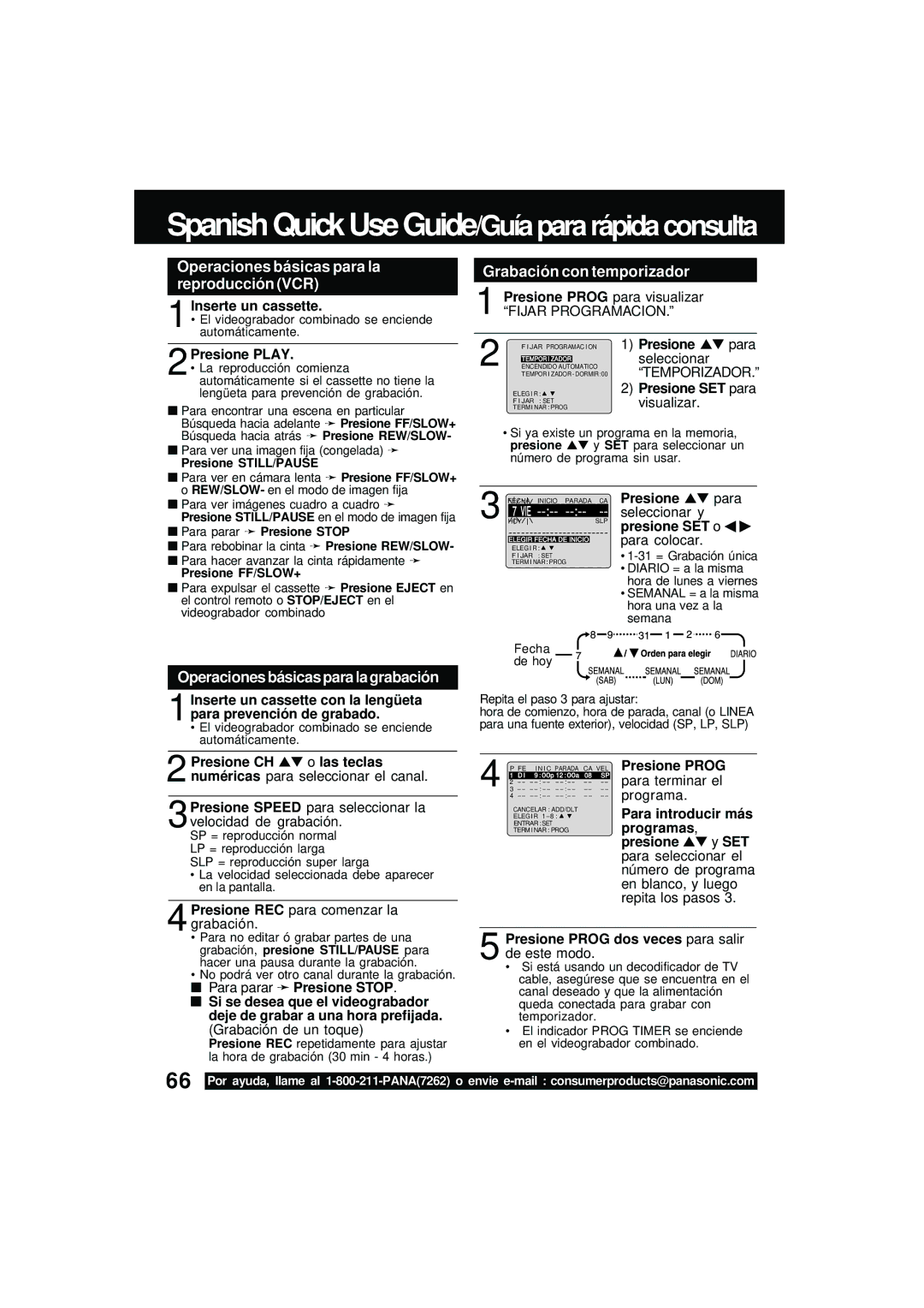 Panasonic PV DM2092 manual Operaciones básicas para la reproducción VCR, Grabación con temporizador 