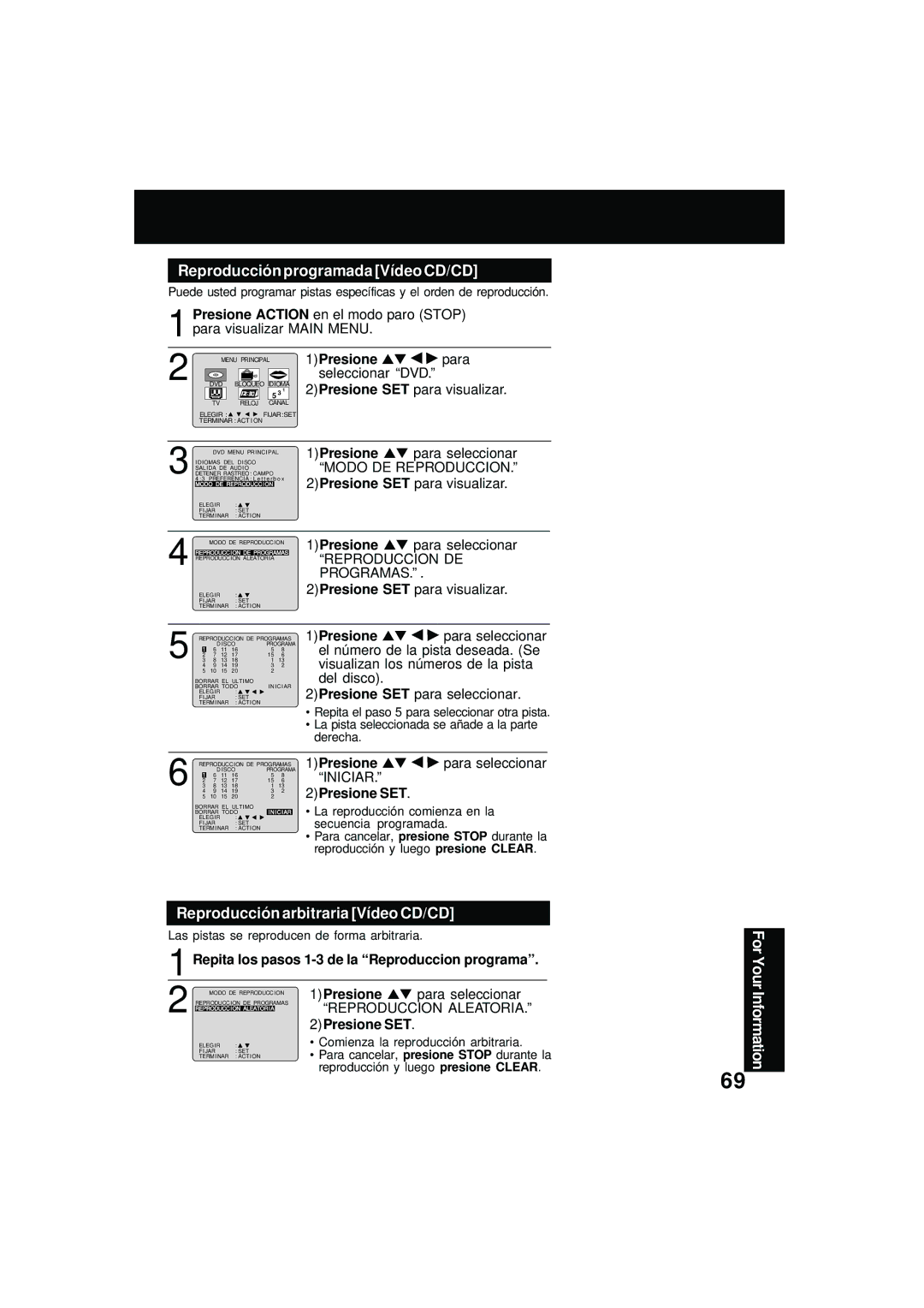 Panasonic PV DM2092 manual Reproducción programada Vídeo CD/CD, Reproducción arbitraria Vídeo CD/CD, 1Presione 