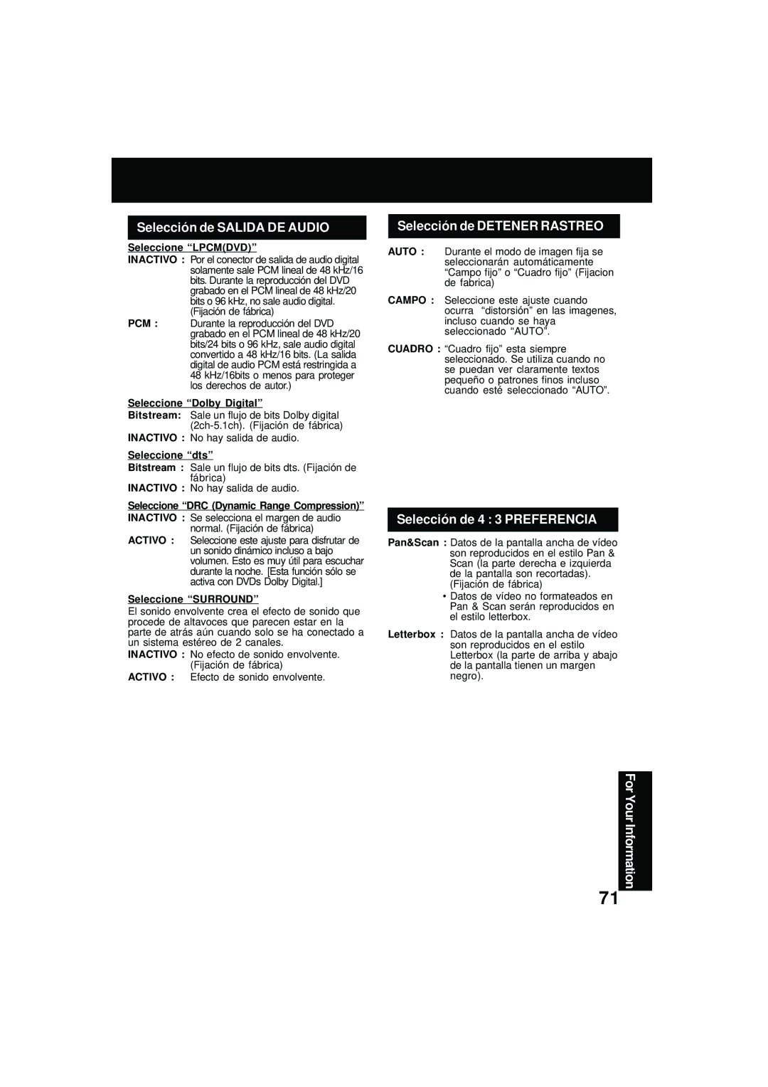 Panasonic PV DM2092 manual Selección de Salida DE Audio, Selección de Detener Rastreo, Selección de 4 3 Preferencia 