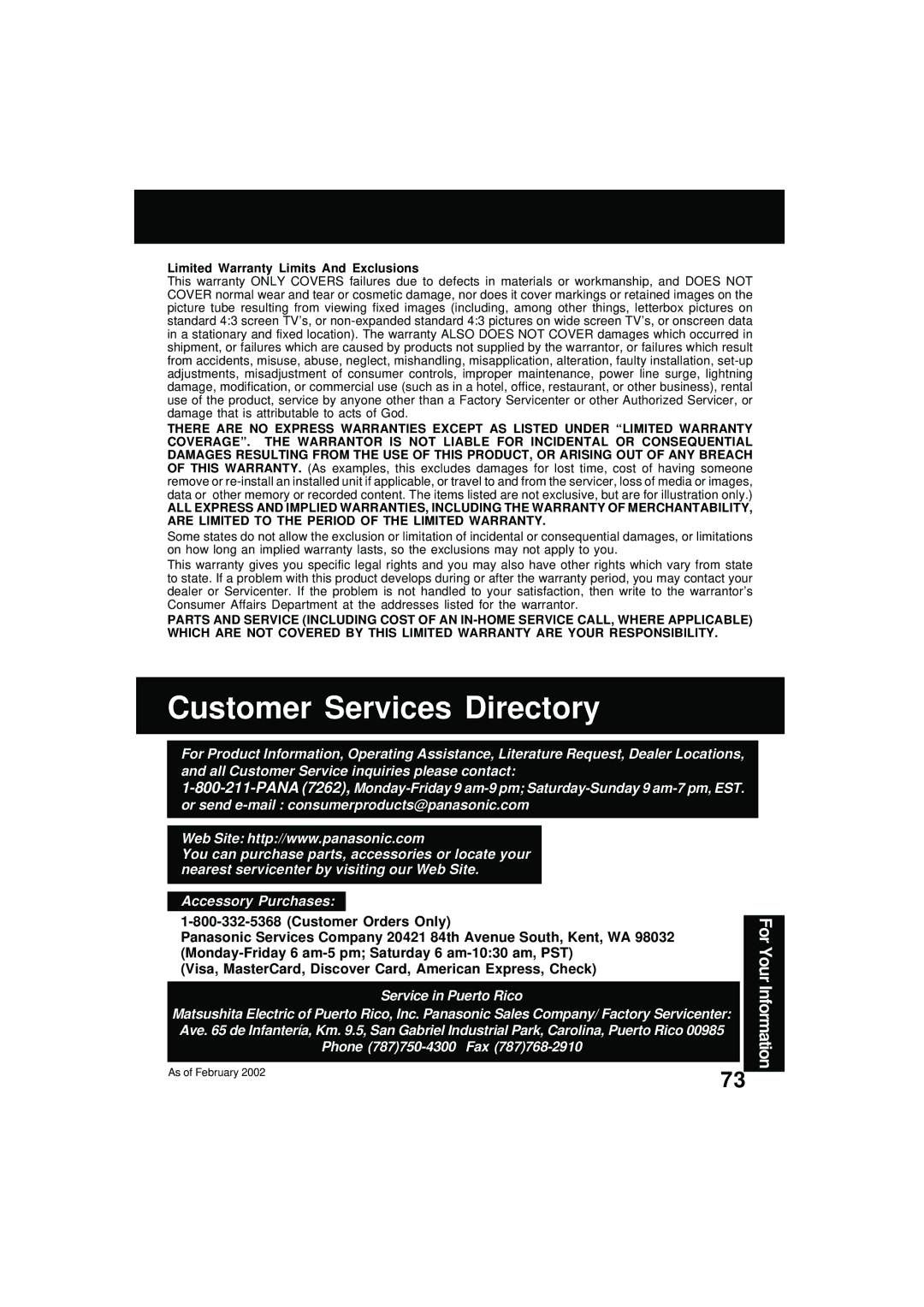 Panasonic PV DM2092 manual Customer Services Directory, Limited Warranty Limits And Exclusions 