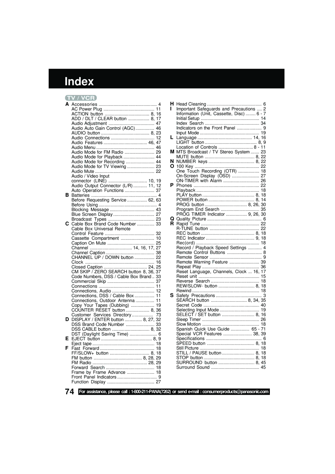 Panasonic PV DM2092 manual Index 