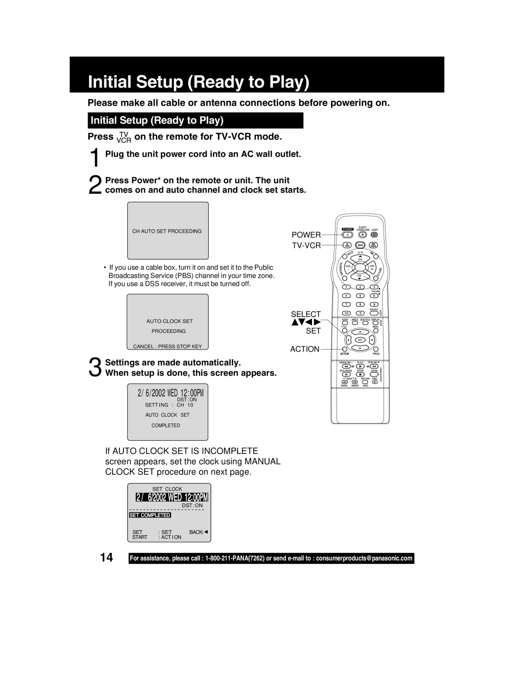 Panasonic PV-DM2792 manual Initial Setup Ready to Play, WED 1200PM, Press on the remote for TV-VCR mode 