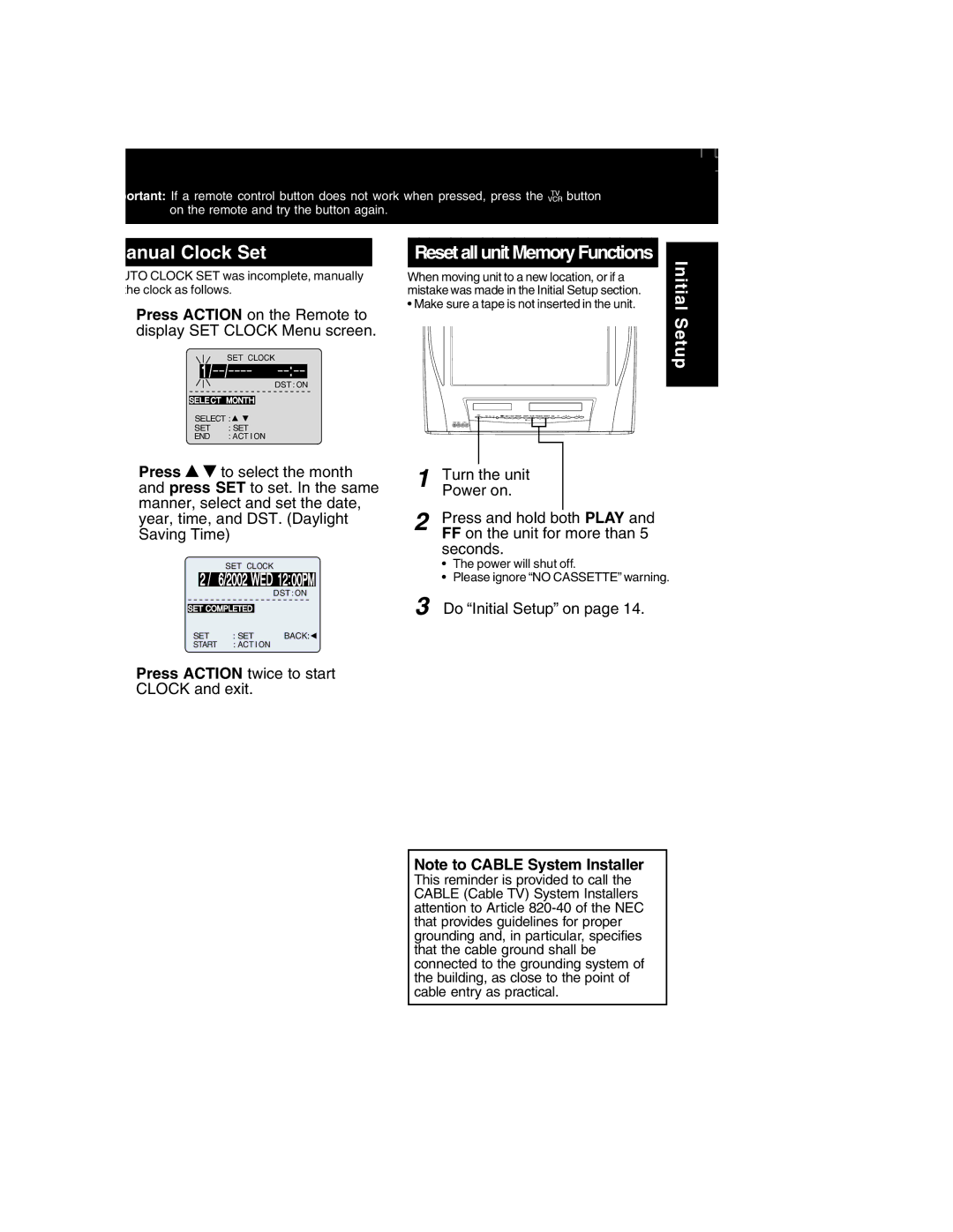 Panasonic PV-DM2792 manual Anual Clock Set, Press, Reset all unit Memory Functions Initial 