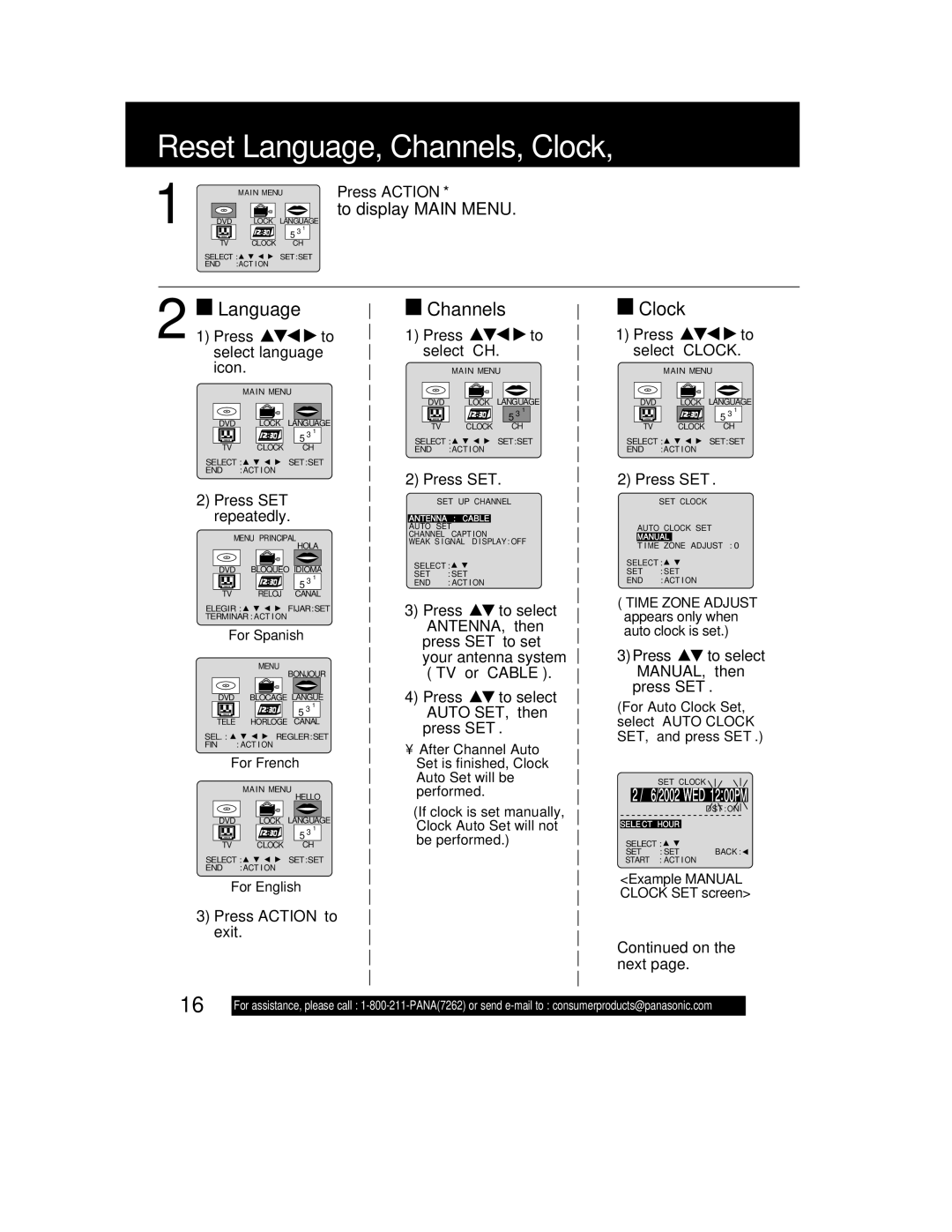 Panasonic PV-DM2792 manual Reset Language, Channels, Clock 