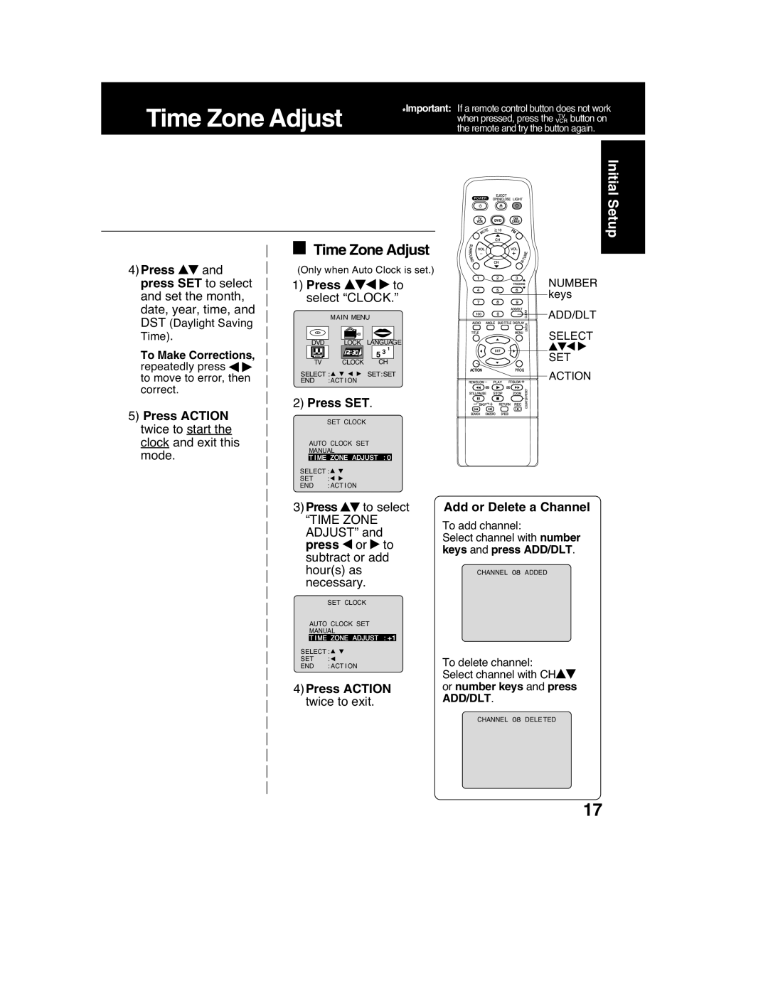 Panasonic PV-DM2792 Time Zone Adjust, Press Action twice to start the clock and exit this mode, 3Press, 4Press Action 