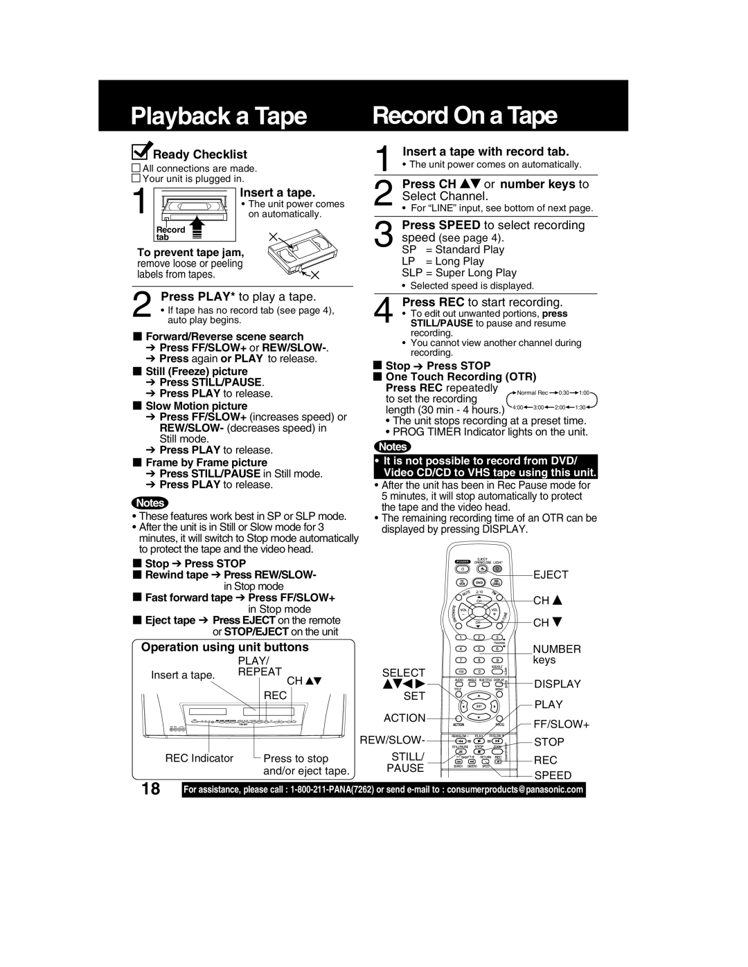 Panasonic PV-DM2792 manual Playback a Tape Record On a Tape 