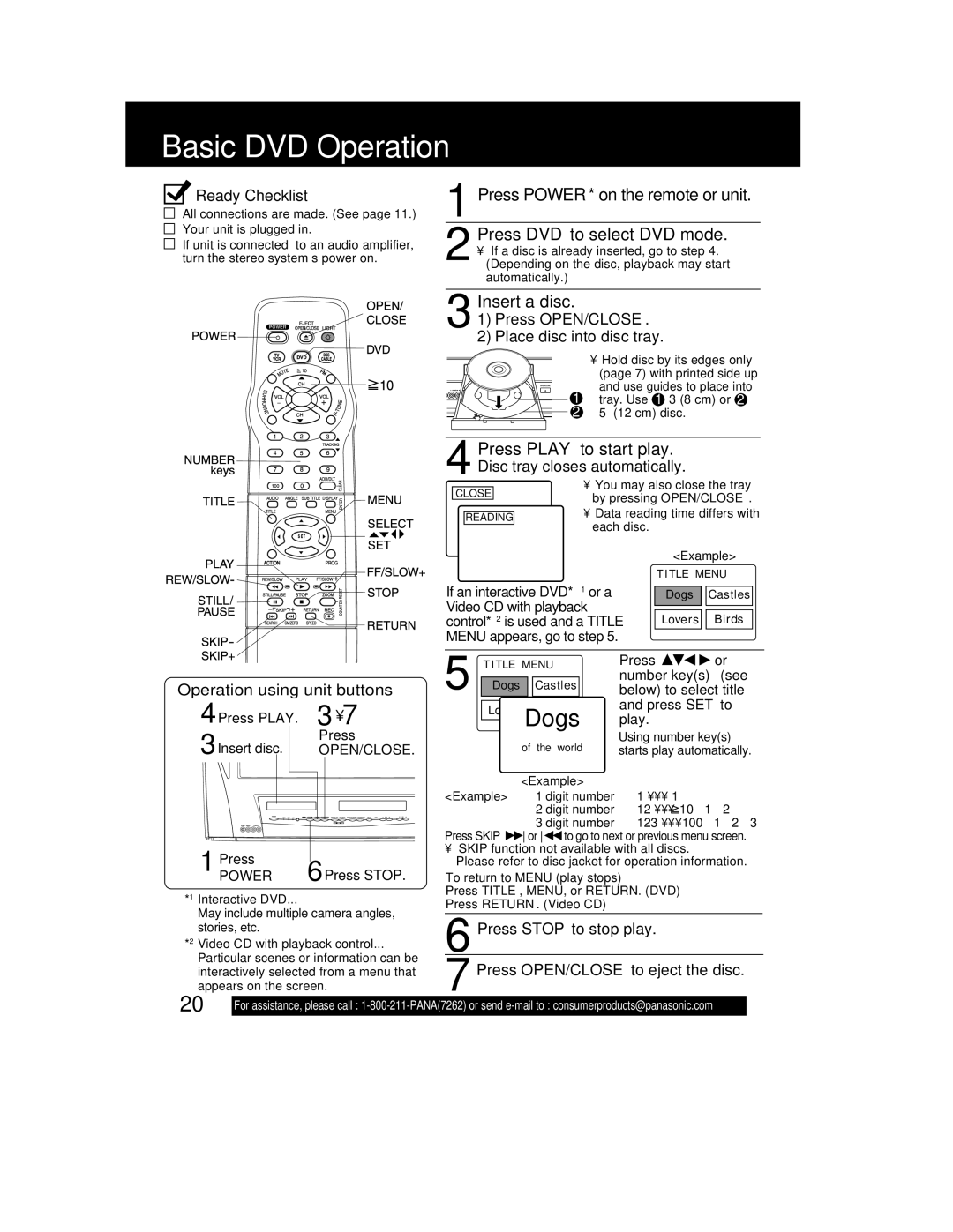 Panasonic PV-DM2792 manual Basic DVD Operation, Press POWER* on the remote or unit, Insert a disc, Press OPEN/CLOSE 