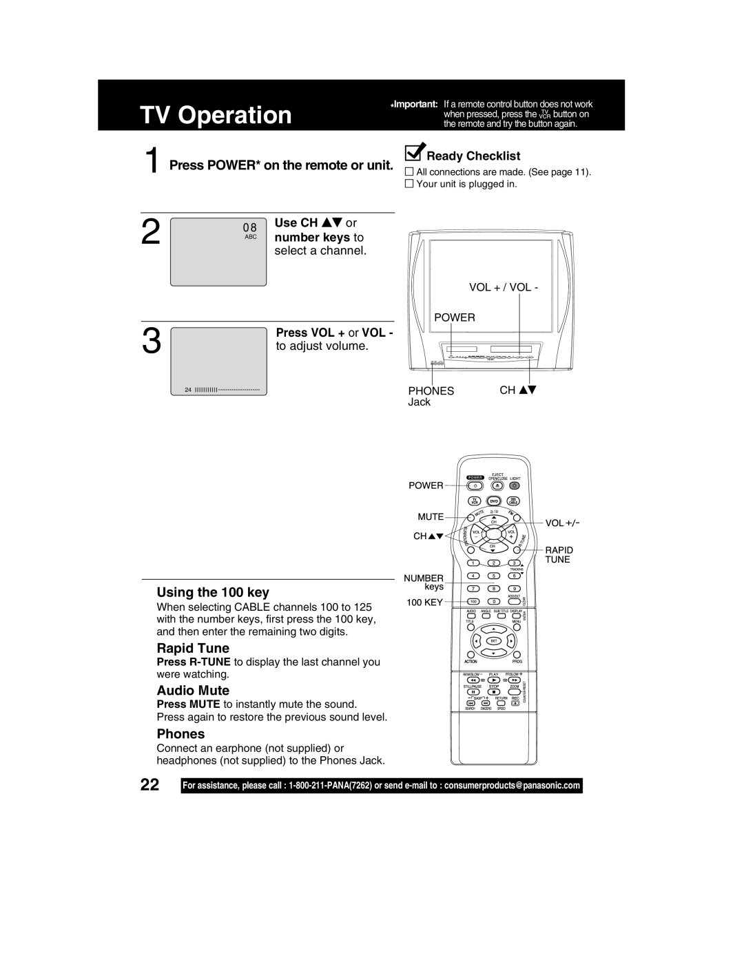 Panasonic PV-DM2792 manual TV Operation, Using the 100 key, Rapid Tune, Audio Mute, Phones 