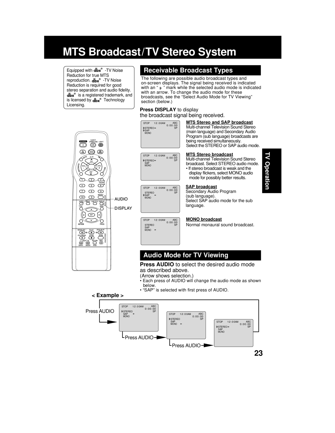 Panasonic PV-DM2792 manual MTS Broadcast/TV Stereo System 