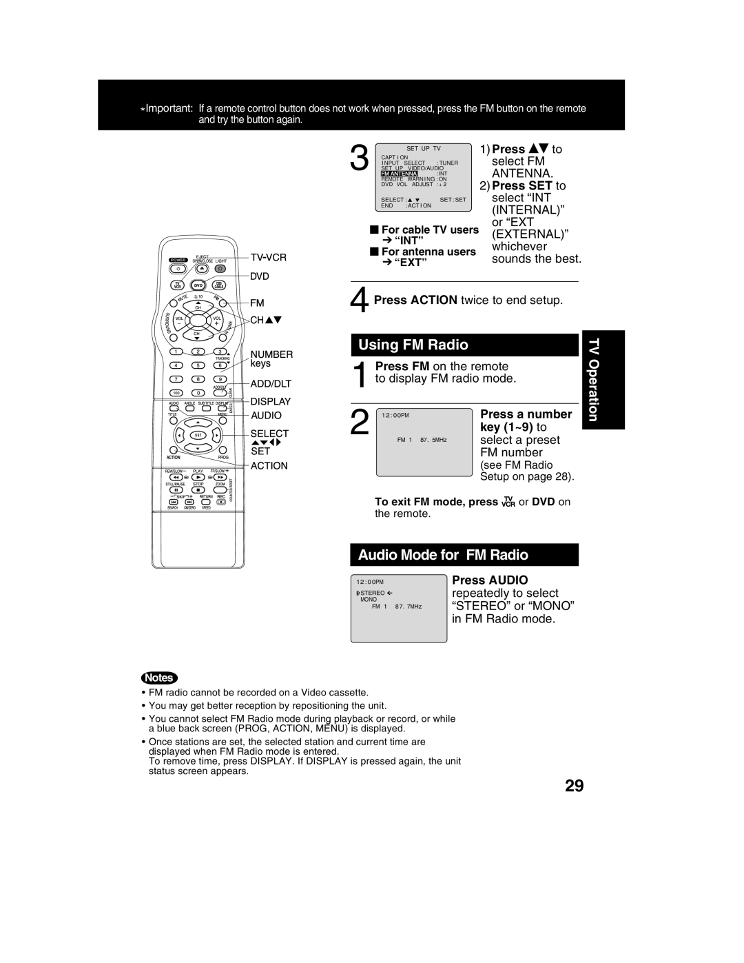 Panasonic PV-DM2792 manual Using FM Radio, Audio Mode for FM Radio, Press a number, Key 1~9 to 