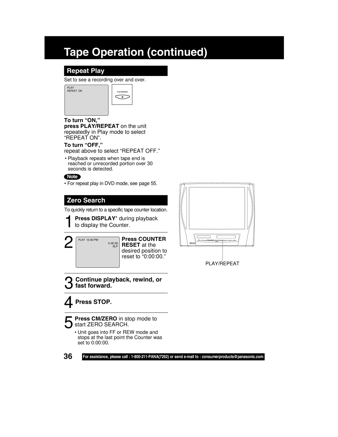 Panasonic PV-DM2792 manual Repeat Play, Zero Search, Press Counter, Reset at 