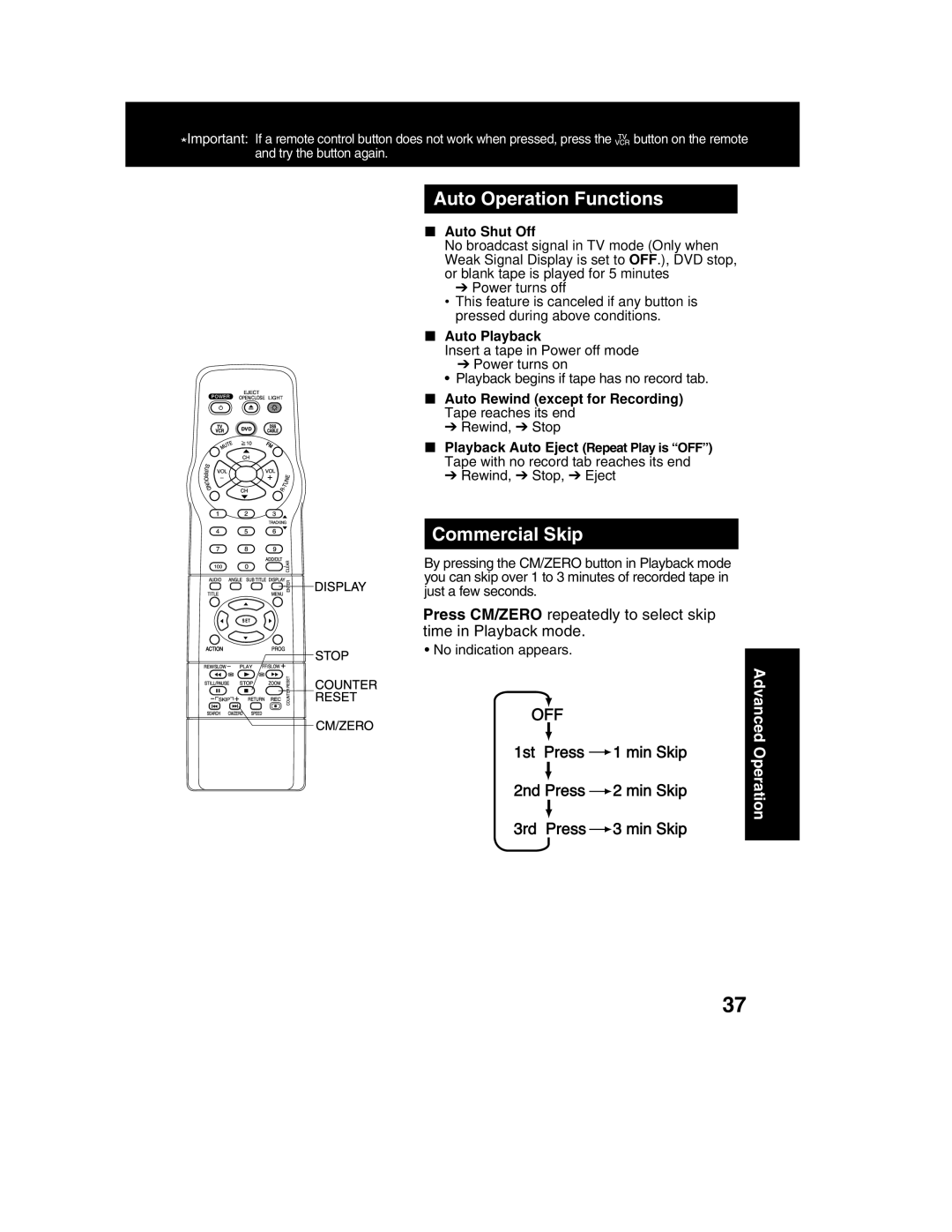 Panasonic PV-DM2792 manual Auto Operation Functions, Commercial Skip, Rewind, Stop, No indication appears 