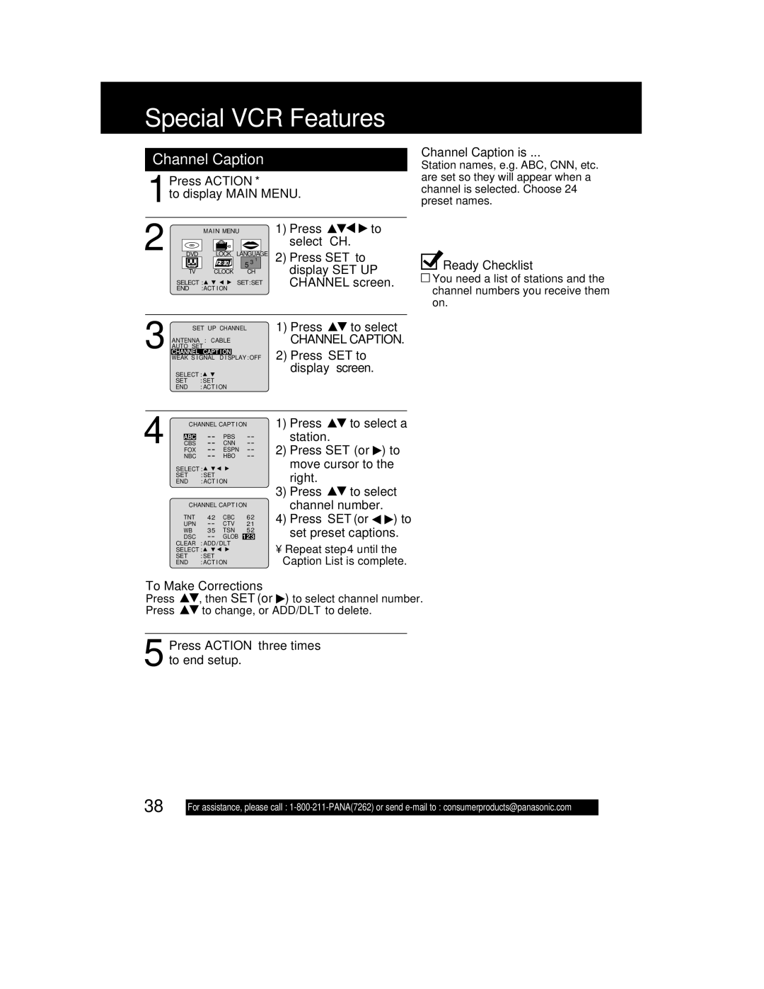 Panasonic PV-DM2792 manual Special VCR Features, Channel Caption 