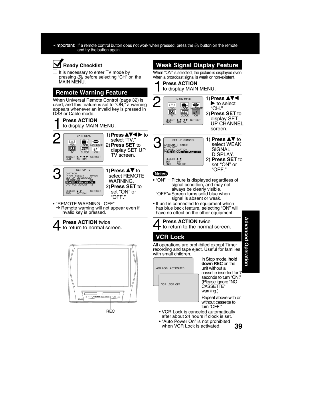 Panasonic PV-DM2792 manual Remote Warning Feature, Weak Signal Display Feature, VCR Lock, Press Action twice 