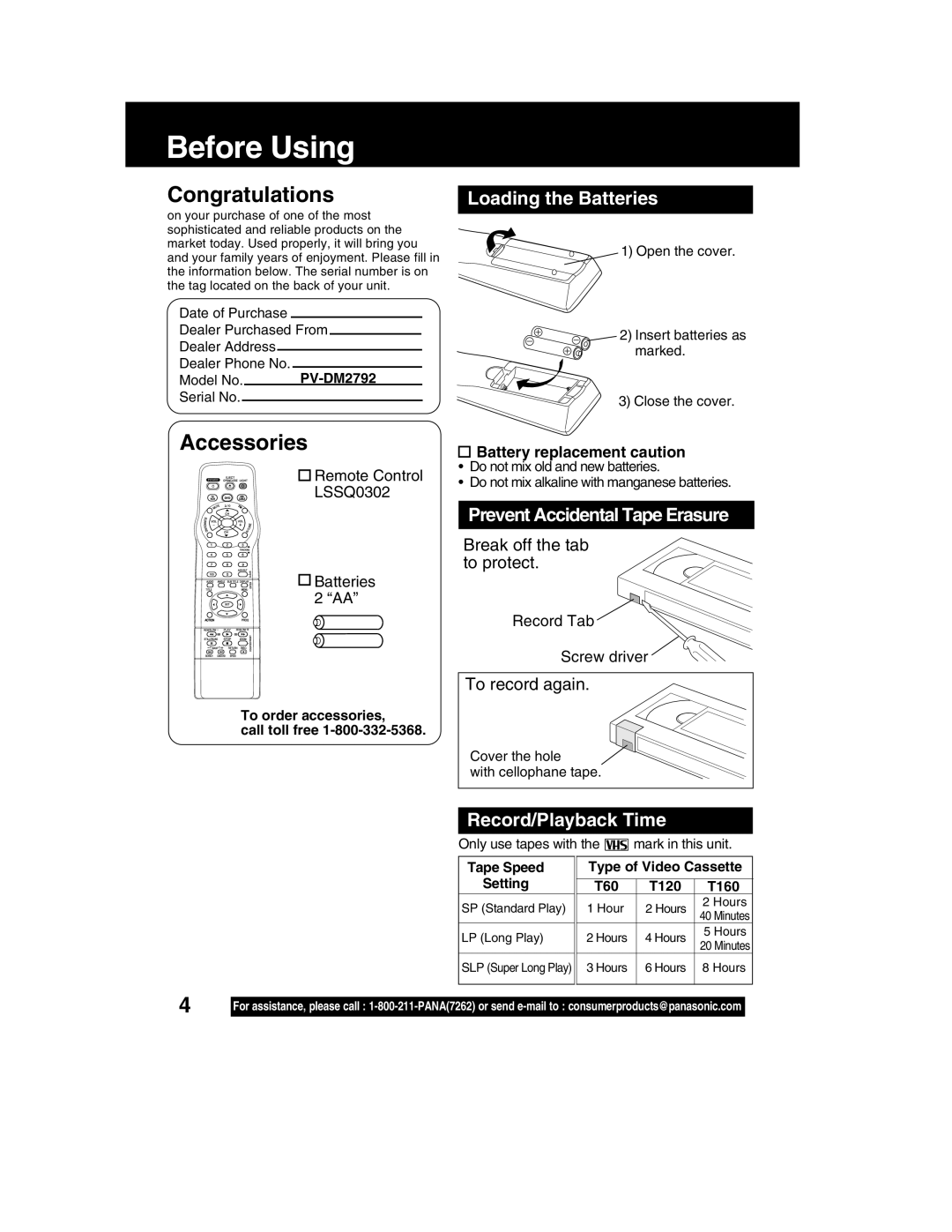 Panasonic PV-DM2792 manual Before Using, Loading the Batteries, Prevent Accidental Tape Erasure, Record/Playback Time 