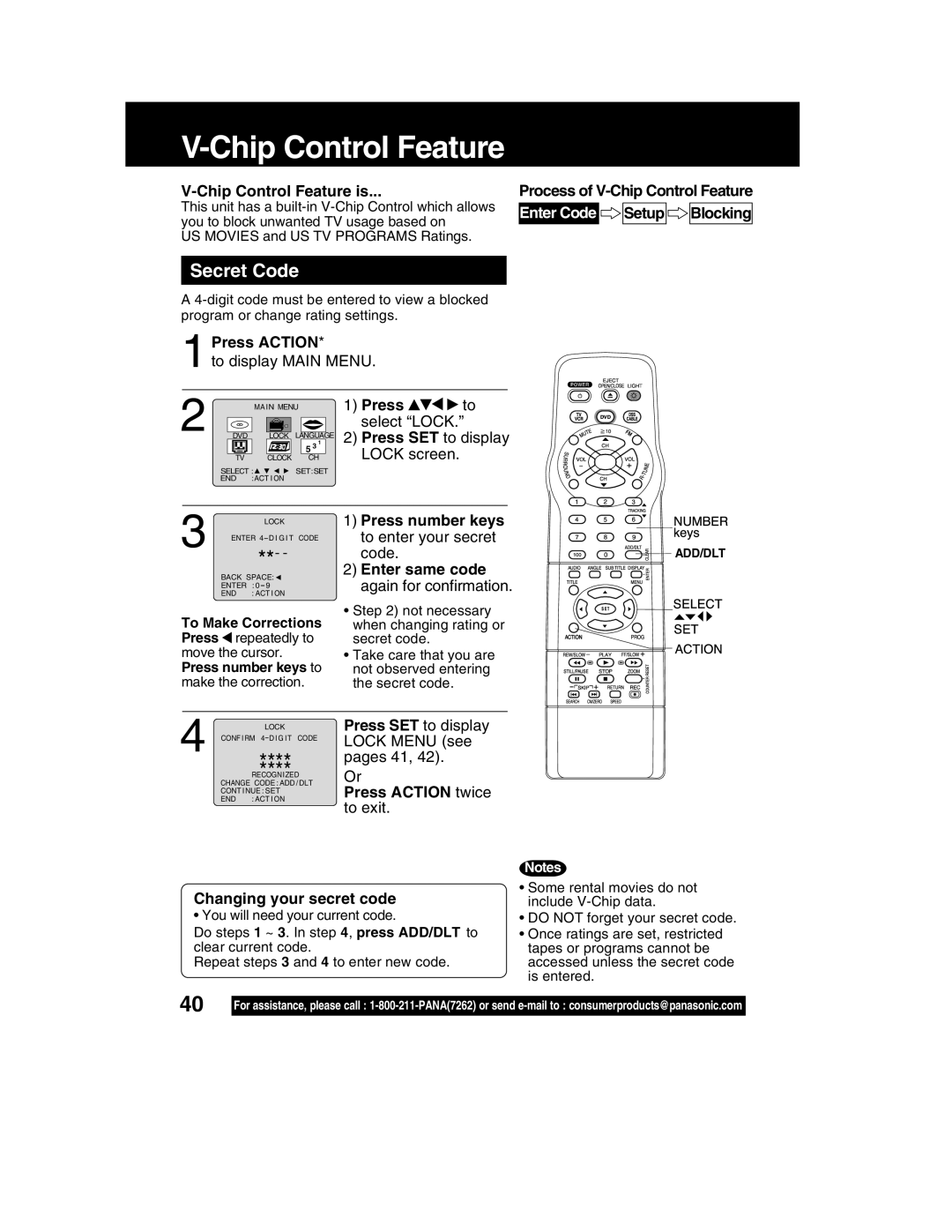 Panasonic PV-DM2792 manual Chip Control Feature, Secret Code 