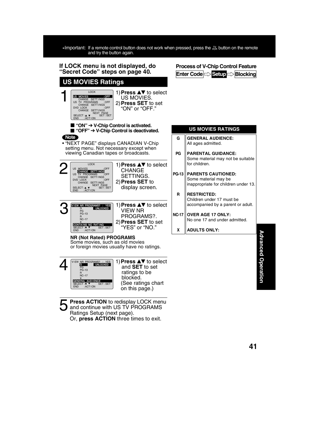 Panasonic PV-DM2792 US Movies Ratings, If Lock menu is not displayed, do Secret Code steps on, 2Press SET to set, Advanced 